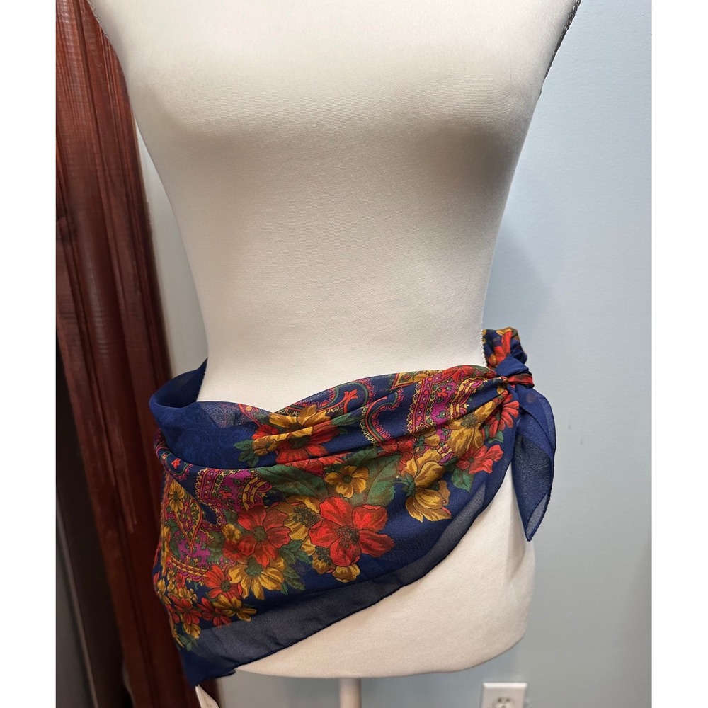 Berkshire Navy Blue Floral Paisley Square Scarf Made in Italy Sheer 31x31
